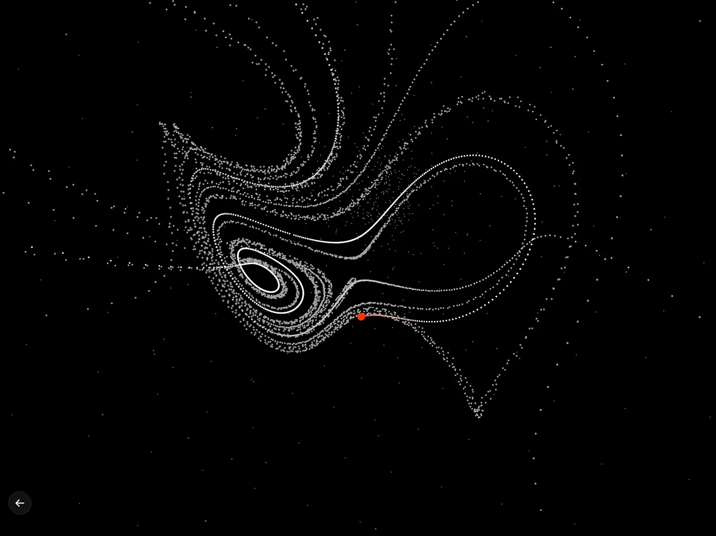 Chaos Studies on iPad in dark mode, a Lorenz-like attractor with its red head