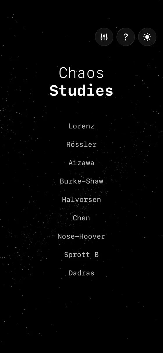 The Chaos Studies menu on iPhone listing the nine attractors